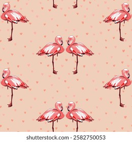 pairs of flamingos. pink repetitive background with hearts. valentine card. vector seamless pattern. fabric swatch. wrapping paper. continuous print. design element for home decor, textile, linen