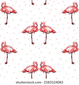 pares de flamingos. fundo repetitivo com corações. cartão de dia dos namorados. vetor padrão sem emenda. amostra de tecido. papel de embrulho. impressão contínua. elemento de design para decoração de casa, têxtil, linho