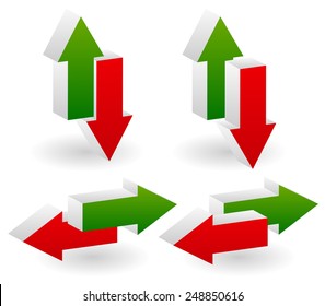 Pairs of green and red arrows. Up-down, left-right versions. 4 composition all together. Profit, deficit and leftward, rightward, align, alignment, opposite directions concepts. 