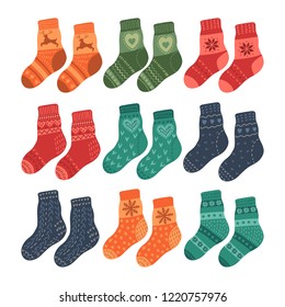 Pairs of hand drawn cute warm socks. Vector illustration.