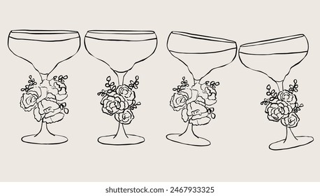 Pairs of hand-illustrated glasses. Cups decorated with flowers. Toast glasses to design invitations. Vector