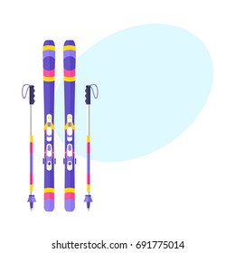 Pairs of skis and sticks, poles, flat style vector illustration with space for text. Flat vector ski and ski poles, colorful illustration