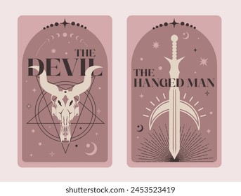 Paare von Tarotkarten Teufel und Der Gehängte Mann, Himmelstarottarkarten Basis Hexentarot umgeben von Mond und Sternen. Vektorillustration.