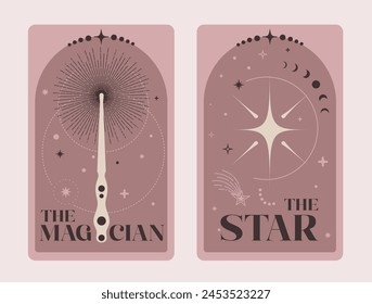 Pairs of Tarot cards The Magician and The Star, Celestial Tarot Cards Basic witch tarot surrounded by moon and stars. Vector illustration.