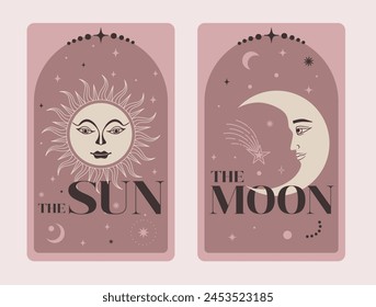 Pairs of Tarot cards Sun and Moon, Celestial Tarot Cards Basic witch tarot surrounded by moon and stars. Vector illustration.
