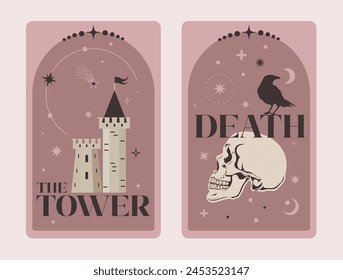 La Torre y la Muerte, Tarot Celestial Cartas de Tarot Básico tarot brujo rodeado de luna y estrellas. Ilustración vectorial.