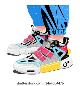 Pairs of woman man female male girl boy sneakers. Modern fashion sneakers shoes with legs. For ui, tshirt, card, poster, and more. Hand drawn vector trendy illustration. Flat design.