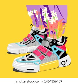 Pairs of woman man female male girl boy sneakers with flowers. Modern fashion sneakers shoes. For ui, tshirt, card, poster, and more design. Hand drawn vector trendy illustration. Flat design.