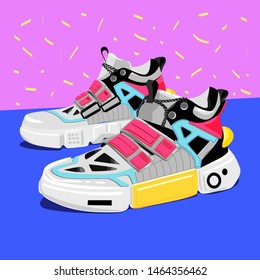 Pairs of woman man female male girl boy sneakers. Modern fashion sneakers shoes in white yellow black red colors. For ui, tshirt design, and more. Hand drawn vector trendy illustration. Flat design