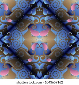 Paisley 3d seamless pattern. Vector floral abstract blue pink background wallpaper with paisley flowers, swirls, dots, dotted lines and vintage ornaments. Surface texture. Design for fabric, textile