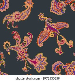 Paisley animal background. Seamless pattern with fantasy birds. Firebirds in Paisley style. Folk Oriental motif.