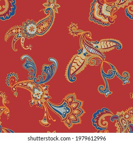 Paisley animal background. Seamless pattern with fantasy birds. Firebirds in Paisley style. Folk Oriental motif.