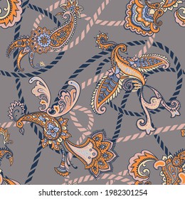 Paisley animal background. Seamless pattern with fantasy birds. Firebirds in Paisley style. Folk Oriental motif.