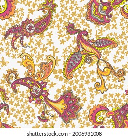 Paisley animal background. Seamless pattern with fantasy birds. Firebirds in Paisley style. Folk Oriental motif.
