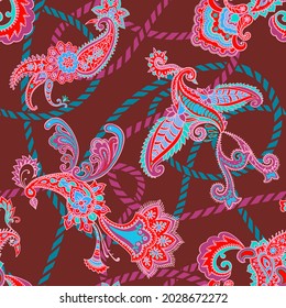 Paisley animal background. Seamless pattern with fantasy birds. Firebirds in Paisley style. Folk Oriental motif.