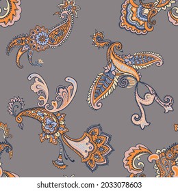 Paisley animal background. Seamless pattern with fantasy birds. Firebirds in Paisley style. Folk Oriental motif.