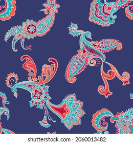 Paisley animal background. Seamless pattern with fantasy birds. Firebirds in Paisley style. Folk Oriental motif.
