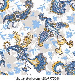 Fondo animal de Paisley. Patrón sin foco con pájaros de fantasía. Fuegos artificiales al estilo Paisley. Motivo folk oriental.
