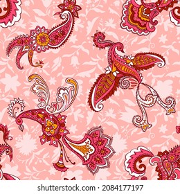 Paisley animal background. Seamless pattern with fantasy birds. Firebirds in Paisley style. Folk Oriental motif.