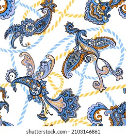 Paisley animal background. Seamless pattern with fantasy birds. Firebirds in Paisley style. Folk Oriental motif.