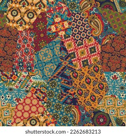 Paisley arabesque damask fabric patchwork vintage vector seamless pattern