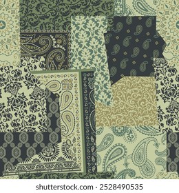 Paisley arabesque damask motifs patchwork wallpaper abstract vector seamless pattern for fabric pillow cloth shirt carpet tablecloth rug 