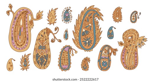 Paisley arts and crafts elements set. Vector hand drawn collection illustration isolated on white background.