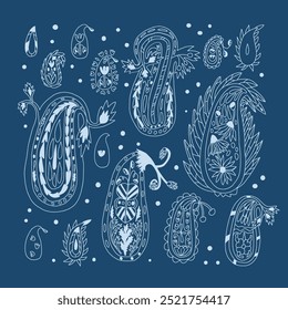 Paisley arts and crafts poster. Vector hand drawn monochrome line art collection illustration on dark blue background.