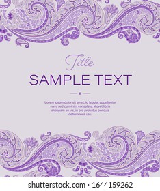 paisley background template with seamless pattern border, decorative layout for invitation, card design, label, flyer, poster, cover design, web, packaging and advertising. floral stylized ornaments.