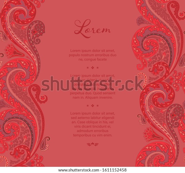 paisley background\
template with seamless pattern border, decorative layout for\
invitation, card design, label, flyer, brochure, poster, cover\
design, packaging and advertising\
