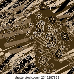 Paisley bandana arabesque swirl patchwork wallpaper abstract vector seamless pattern