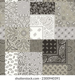 Paisley bandana fabric patchwork wallpaper vintage vector seamless pattern svg