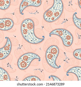 Paisley Bandana Ornament with Peony Flowers and Small Bluebells. Vintage Oriental Paisley Seamless Pattern. Vector Floral Pink Background. Great for Silk Neck Scarf, Headscarf, Kerchief