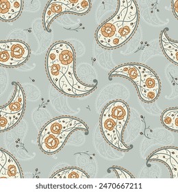 Paisley Bandana Ornament with Peony Flowers. Vintage Oriental Paisley Seamless Pattern. Vector Floral Pink Background. Great for Silk Neck Scarf, Headscarf, Kerchief. Brown and Gray Color. Hand drawn.