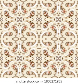 Paisley Bandana Ornament Print. Vintage Oriental Paisley Seamless Pattern with Poppy Flowers. Boho Style Vector Floral Background. Great for Silk Neck Scarf, Headscarf or Kerchief designs