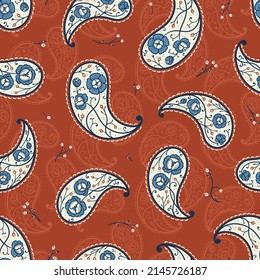 Paisley Bandana Ornament with Stylized Peony Flowers and Small Bluebells. Vintage Oriental Paisley Seamless Pattern. Vector Floral Background. Great for Silk Neck Scarf, Headscarf, Kerchief