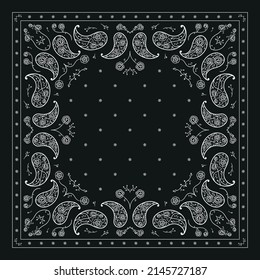 Paisley Bandana Print. Vector Floral Square Black and White Ornament with Stylized Peony Flowers and Small Bluebells. Vintage Oriental Silk Neck Scarf, Headscarf or Kerchief design