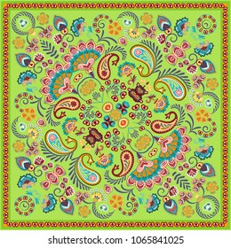 Paisley Bandana print. Vector square pattern. Green.