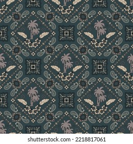 Paisley bandana seamless pattern with flower leaf and palm tree