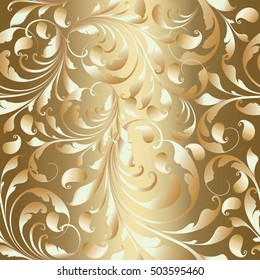 Paisley baroque damask gold floral vector seamless pattern wallpaper illustration with 3d decorative vintage antique gold paisley flowers, leaves and ornaments. Floral paisleys background.