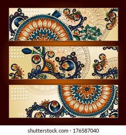 Paisley batik background. Set of three abstract ethnic african hand drawn vector cards.  Series of image Template frame design for card.