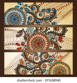 Paisley batik background. Set of three abstract ethnic indian hand drawn vector cards.  Series of image Template frame design for card.