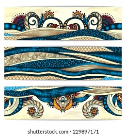 Paisley batik background. Set of three abstract ethnic african hand drawn vector cards.  Series of image Template frame design for card.