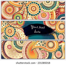 Paisley batik background. Set of three abstract ethnic african hand drawn vector cards.  Series of image Template frame design for card.