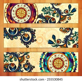 Paisley batik background. Set of three abstract ethnic indian hand drawn vector cards on wood background. Series of image Template frame design for card.
