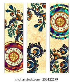 Paisley batik background. Set of three abstract ethnic indian hand drawn vector cards on white background. Series of image Template frame design for card.