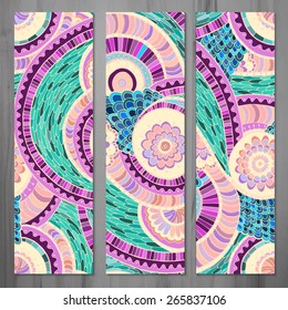 Paisley batik background. Set of three abstract ethnic doodle vector cards on grey background. Series of image Template frame design for card. Brochure design  template with abstract ethnic elements.