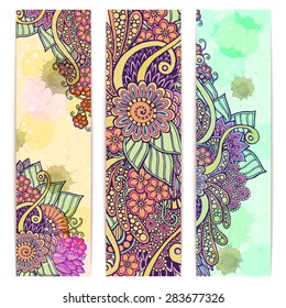 Paisley batik background. Set of three abstract ethnic indian hand drawn vector cards. Series of image Template frame design for card.