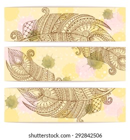 Paisley batik background. Set of three abstract ethnic indian hand drawn vector cards. Series of image Template frame design for card.
