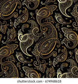 Paisley Beautiful golden background. Seamless  Elegant Hand Drawn vintage Pattern